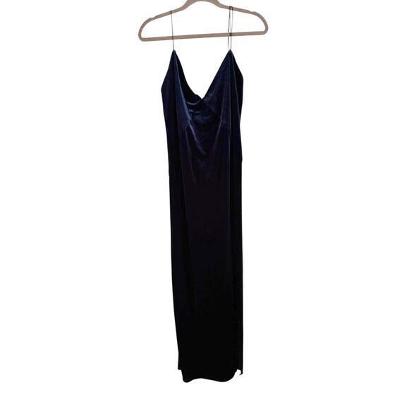 NWT Zara Womens Large Slip Dress High Slit Velvet Blue Maxi Backless - Picture 1 of 7